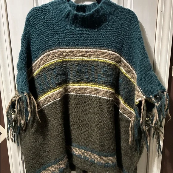 Free People Teal and Brown Knit Poncho - Picture 1 of 3